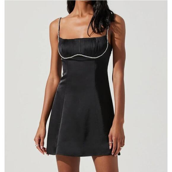 NWT ASTR The Label Mina Satin Rhinestone Trim Mini Dress in Black, Size‎ Small - Picture 7 of 11